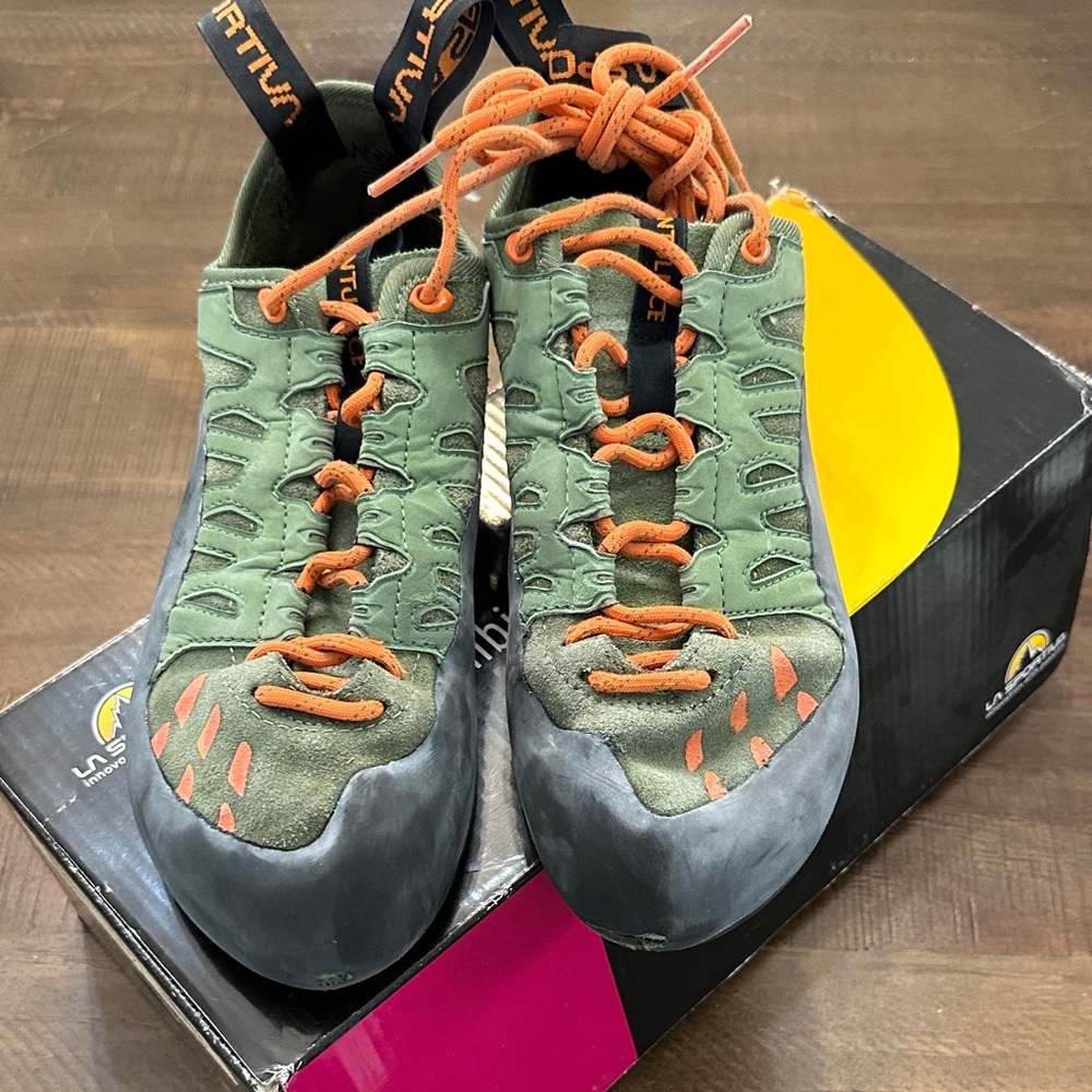 La Sportiva Olive and Tangerine Climbing Shoes